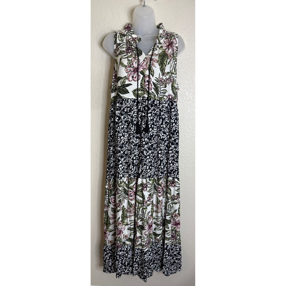 Kaktus Women L Maxi Dress Black White Pink Floral Tiered Tassel Boho Sleeveless
